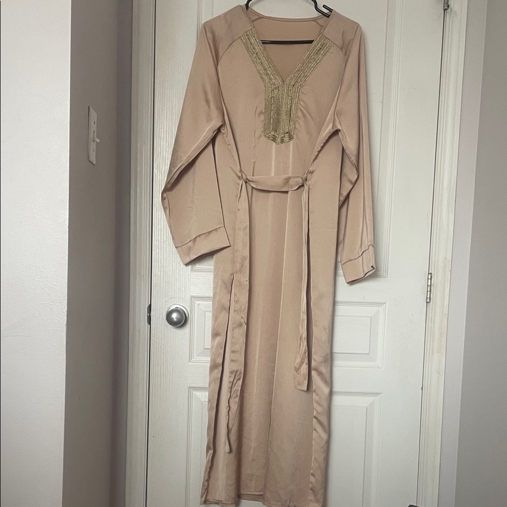Elegant Beige Long Dress with Gold Detailing